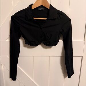 White Fox Crop Top Women’s Small Underwire Black Collared Long Sleeve Button Up